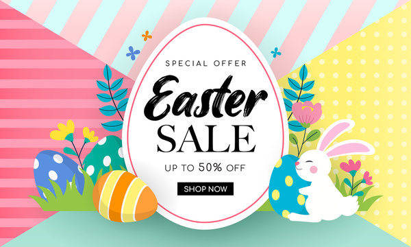 Easter Sale Banner Background Vector illustration. Rabbit and easter eggs in colorful spring flowers meadow