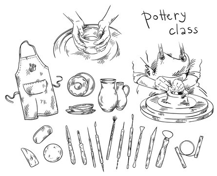 Pottery class. Tools and instruments for pottery making, potter's wheel