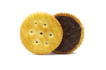 Biscuit sandwich cracker chocolate cream flavoured. Inside and outside of crunchy delicious sweet meal and useful cookies on white background.