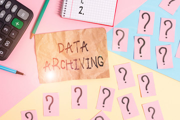 Word writing text Data Archiving. Business photo showcasing to secure and to store data for long term retention Mathematics stuff and writing equipment above pastel colours background