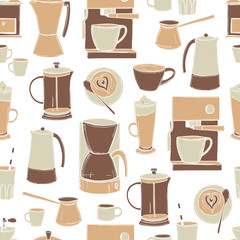 Hand drawn coffee set. Сoffee drinks , makers  and grinders. Vector  seamless pattern