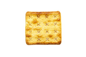 Square cracker biscuit isolated on white background. Crushed dry snack.