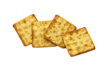 Square crackers biscuits isolated on white background. Crushed dry snack.