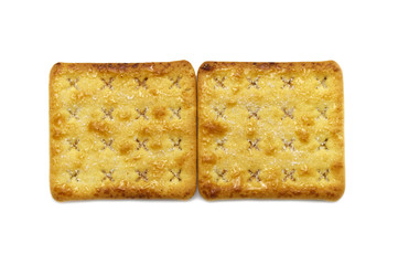 Square crackers biscuits isolated on white background. Crushed dry snack.