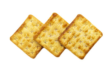 Square crackers biscuits isolated on white background. Crushed dry snack.