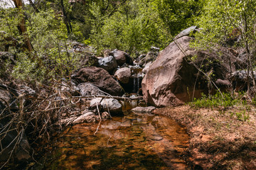 RIver at the bottom of the gorge of a red slot canyon background Zion National Park, Utah - Image