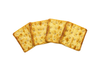 Square crackers biscuits isolated on white background. Crushed dry snack.