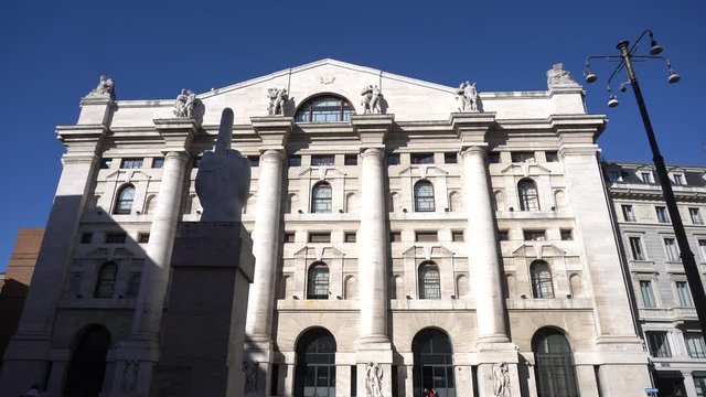 Italy , Milan september 24, 2019 , Piazza Affari ( Borsa Palazzo Mezzanotte ) headquarter of the Italian stock exchange money euro