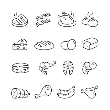 Food related icons: thin vector icon set, black and white kit