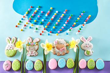 Colorful easter cookies and chocolate balls.