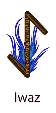 Rune Eihwaz. Vertical projection. Scandinavian. Fleece elements of Water, the river around the runes