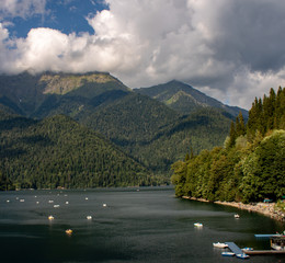 The most beautiful lake of the world Ritsa with the purest water located high in the mountains of...