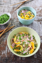 Chinese food. Cantonese fried rice with omelette, green peas and white ham