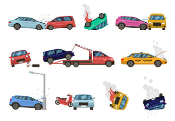 Vehicle damage. Transport crash and dangerous damage, broken, fractured vehicles, different unpleasant situations on city road vector illustration set. damaged cars assistance, insurance icons