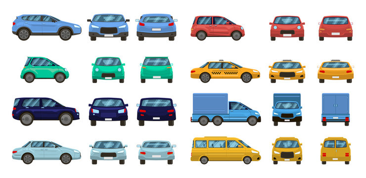 Car views. Front and profile side car view, urban traffic transport of different views. Auto transport vector isolated set. Motor vehicles top, back and front. pickup, suv and hatchback, taxi sedan