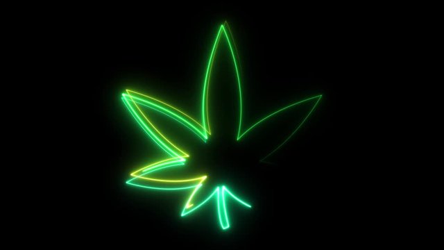 Neon marijuana cannabis leaf against a black background. 3D Render