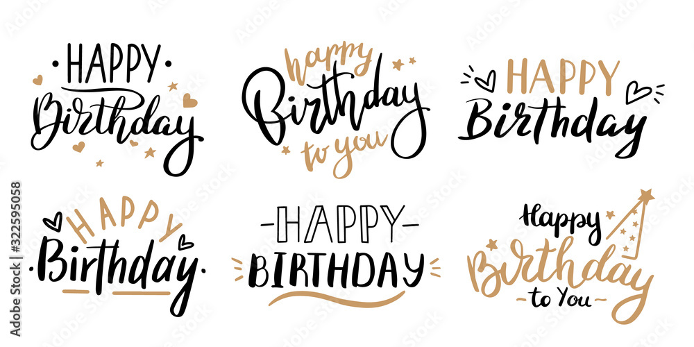 Wall mural Happy birthday celebration concept. Greeting birthday party lettering with celebration hand drawn elements, decorative invitation card vector set. anniversary black and gold handwritten inscription