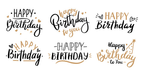 Happy birthday celebration concept. Greeting birthday party lettering with celebration hand drawn elements, decorative invitation card vector set. anniversary black and gold handwritten inscription
