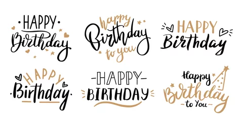 Fotobehang Happy birthday celebration concept. Greeting birthday party lettering with celebration hand drawn elements, decorative invitation card vector set. anniversary black and gold handwritten inscription © WinWin