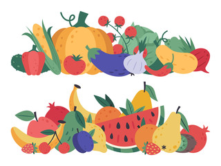 Fruits and vegetables. Doodle food, stack of vegetables and fruits, healthy lifestyle and vegan vitamins raw diet, natural fruits and greens isolated vector cartoon detox menu vegetarian elements