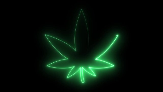 Neon marijuana cannabis leaf against a black background. 3D Render