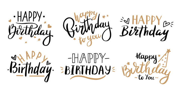 Happy birthday celebration concept. Greeting birthday party lettering with celebration hand drawn elements, decorative invitation card vector set. anniversary black and gold handwritten inscription