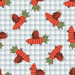 Hand drawn cute chickens in easter carrot car seamless pattern. Vector vegetable vehicle on gingham background. Root and hen all over print. Spring hen. EPS 10. 