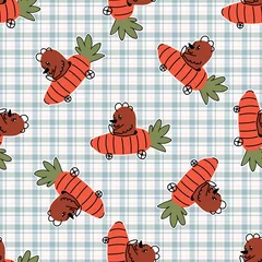 Light filtering roller blinds Animals in transport Hand drawn cute chickens in easter carrot car seamless pattern. Vector vegetable vehicle on gingham background. Root and hen all over print. Spring hen. EPS 10. 