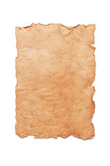 Vertical oriented sheet of antique stained torn medieval paper or parchment isolated on a white background. Template for map, letter or menu.