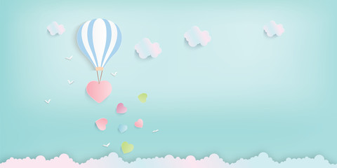 illustration of love and valentine day with balloon, heart and clouds. Paper cut style. Vector illustration