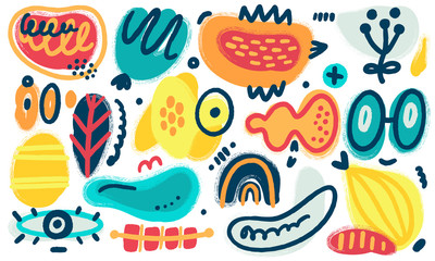 Vector abstract creative background with hand drawn different textured shapes and decorative elements. Folk style. Unique artistic design. Header, poster, cover, banner, card, invitation, packaging