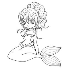Beautiful princess mermaid line art for coloring. Vector cartoon magic young girl undersea illustration, fantastic creature isolated on white background for coloring book.