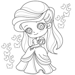 Cute fairy-tale Princess on a white background for coloring page, vector illustration.