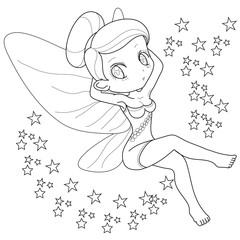 Black and white image of a fantasy fairy girl. Vector illustration. Outlined on white background for  kids coloring book.