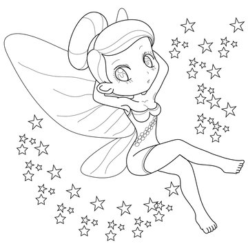 Black and white image of a fantasy fairy girl. Vector illustration. Outlined on white background for  kids coloring book.