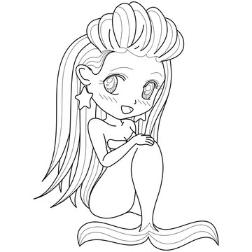 Beautiful princess mermaid line art for coloring. Kawaii anime chibi style. fantastic creature isolated on white background for coloring book.