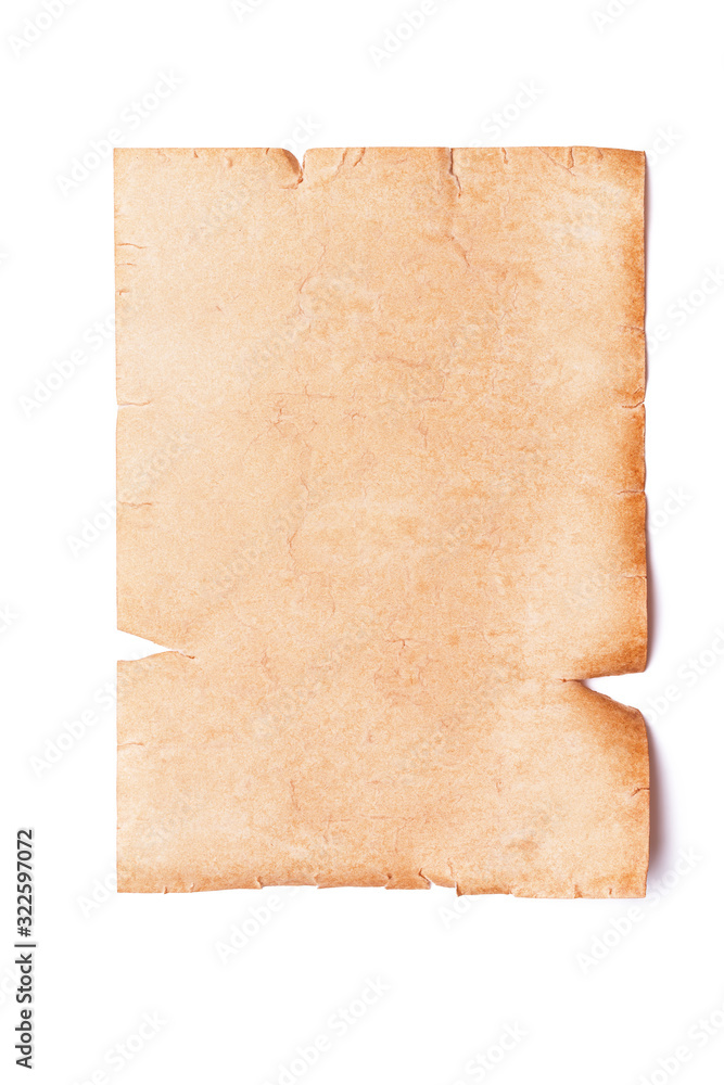 Wall mural vertical oriented sheet of ancient stained torn medieval paper or parchment with copy space isolated