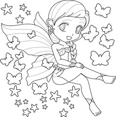 Cute little fairy with wings, white background for  kids coloring book, vector illustration.
