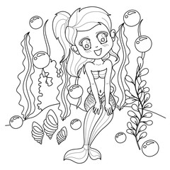 Vector drawing fantastic sea mermaid. Ornamental decorated graphic illustration of a mermaid. Coloring page sea nymph. For print t-shirts. Fairy tale mythical characters.