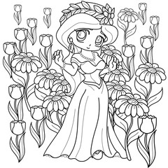 cute little princess outlined on white background for coloring book. Flower vector out line black and white.