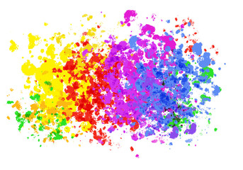 Colorful explosion of  yellow, red, pink and blue stain colors on white background. Digital abstract illustration artwork with copy space.