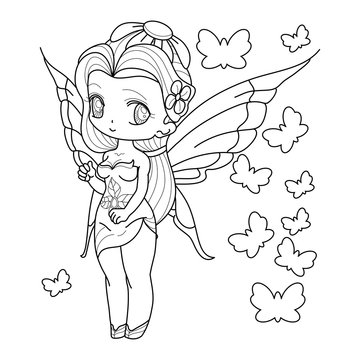 Black and white image of a fantasy fairy girl with wings, Outlined on white background for  kids coloring book, vector illustration.
