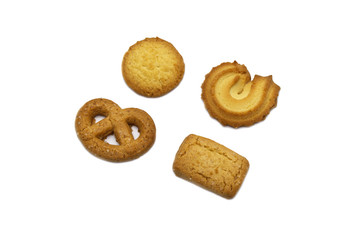 Variety Christmas Danish style butter cookies biscuit isolated on white background . Snack for Season's greetings.