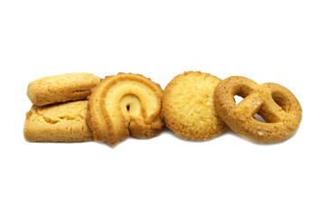 Variety Christmas Danish style butter cookies biscuit isolated on white background . Snack for Season's greetings.