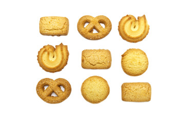 Variety Christmas Danish style butter cookies biscuit isolated on white background . Snack for Season's greetings.