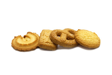 Variety Christmas Danish style butter cookies biscuit isolated on white background . Snack for Season's greetings.