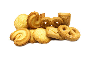 Variety Christmas Danish style butter cookies biscuit isolated on white background . Snack for Season's greetings.