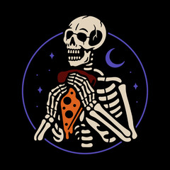 Color skeleton with pizza on black background