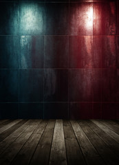 abstract interior room with colored spot lights and wooden floor.