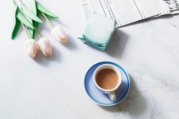 Flat lay soap blank package cosmetics on white marble with copy space - Mock up top view